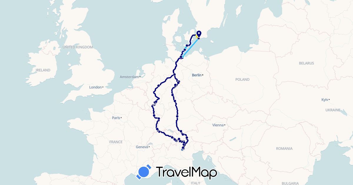 TravelMap itinerary: driving, cycling, hiking, boat in Austria, Switzerland, Germany, Denmark, France, Italy, Sweden (Europe)